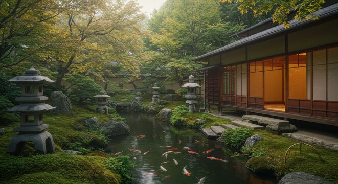 日本庭園の池と鯉、石灯籠がある伝統的な家屋
