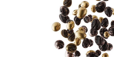 Elegant abstract composition of golden and black textured egg ornaments against a clean white...