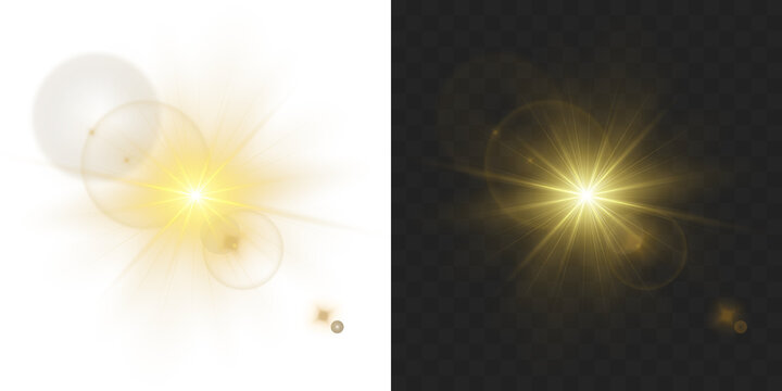 Digital gold star PNG burst with golden light and glowing rays. Bright flare and sparkle overlay on transparent background. Gold starlight shine and glow light effect.