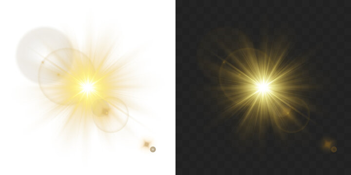 Vector transparent gold sunlight special lens flare light effect. PNG gold star light sparkle and glowing sparks for holiday scenes and magical golden backgrounds.
