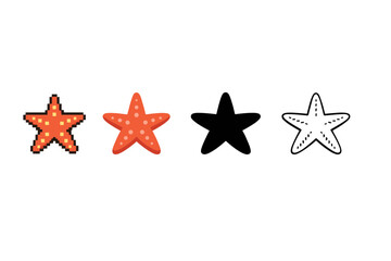 Set of four starfish icons showing pixelated, textured, solid silhouette, and outlined sea star designs in varied styles on a white background