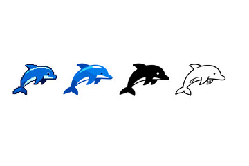Fototapeta premium Set of four dolphin icons in varied styles, including pixel art, glossy blue illustration, solid black silhouette, and outlined white dolphin vector