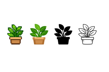Obraz premium Four potted houseplant icons in different styles, including pixel art, flat color, solid silhouette, and line outline illustration on white