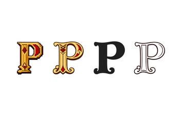 Four decorative uppercase letter P designs side by side, featuring pixelated medieval ornament, gold filigree, bold black serif, and outlined typography