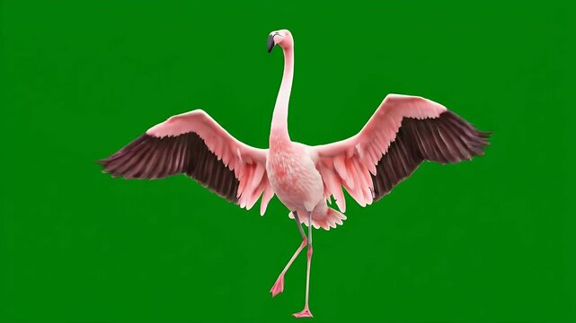 Realistic Full Body Flamingo Bird Wing Flap Loop With Long Wing Extension Isolated On Green Screen Background In Natural Lighting