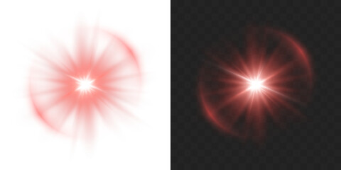 Glowing red stars with shimmering rays and lens flare effects. Sparkling red star vector light effect on transparent background. PNG file for easy photo editing and art. © Даниил Москаленко