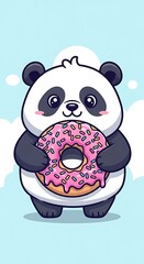 Naklejka premium Cute panda eating pink donut sweet.