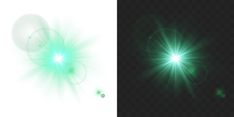 Green starlight sparkle PNG with green glow light effect. Shimmering rays and lens flare effects for magical green illustrations and festive spring and winter designs. © Даниил Москаленко