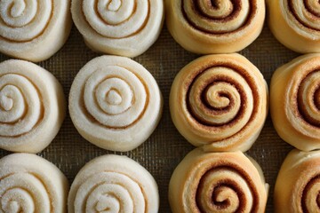 Fototapeta premium Golden brown cinnamon rolls and sugared dough spirals side by side