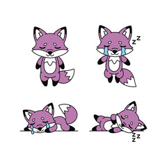 Obraz premium Cute cartoon fox character sleeping with different emotions on white background