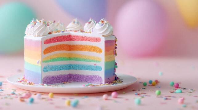 A vibrant rainbow layer cake with a slice cut out on a plate