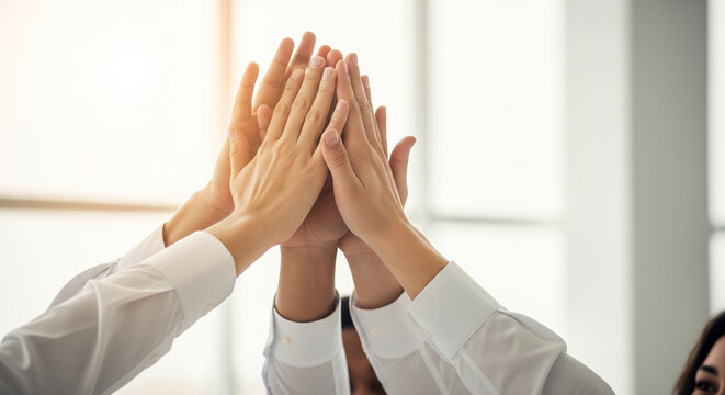 Corporate team doing a high five together perfect for successful project completion team unity and business collaboration