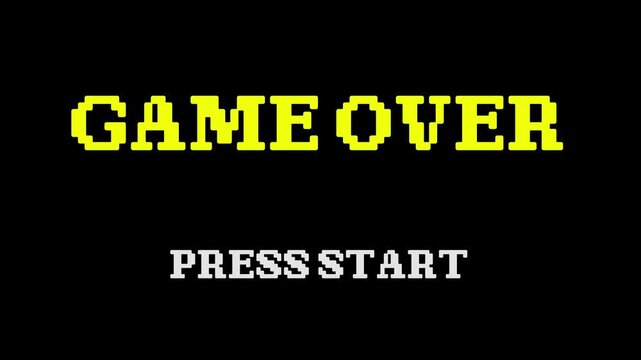Game Over video games screen with text Press Start 8 Bit Pixel Retro Gaming looping on alpha Channel video animation. 4K Videos