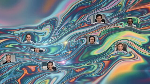A vibrant video showcasing a woman surrounded by a swirling, psychedelic background in a mesmerizing display of colorful patterns and shapes.