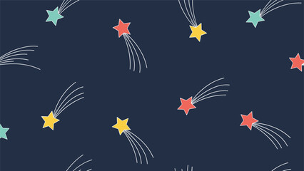 Seamless pattern featuring colorful shooting stars with white tails scattered across a dark navy blue background.