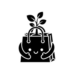 Eco-friendly shopping bag character with plant growing from it, happy face, arms outstretched