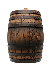 Obraz premium highly detailed, weathered vintage chestnut oak barrel, showing distressed wood grain and rusted metal hoops, isolated on a transparent background. concept of historical craftsmanship and distillation