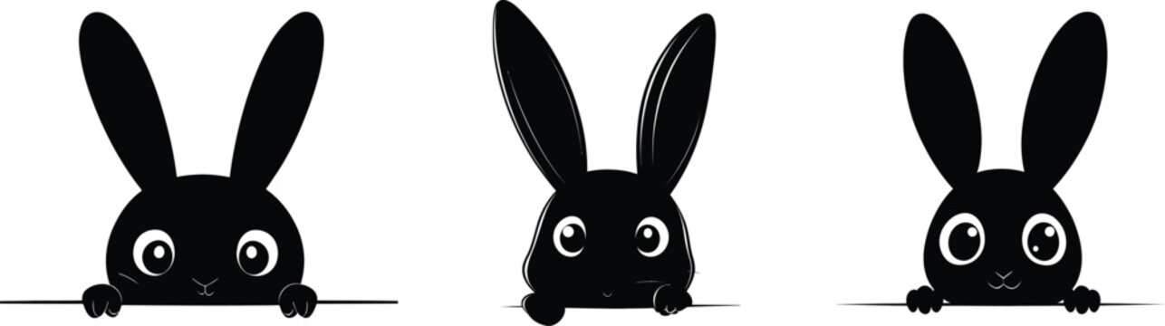 peeking rabbit head silhouette set. Vector illustration. Bunny head and ear icons. Easter concept.