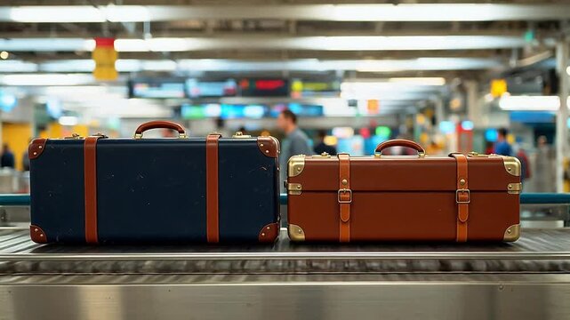 Two vintage suitcases on conveyor belt