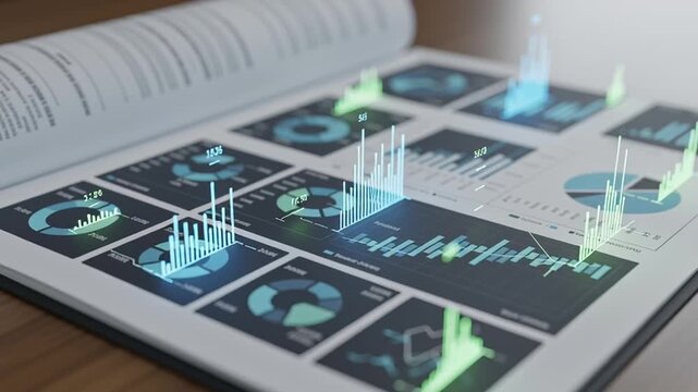 A video showcasing various data visualization graphs and charts displayed on a tablet screen in a modern workspace.