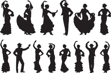 Black silhouette illustrations of flamenco dancers, male and female figures, traditional attire, ruffled dresses, expressive poses, cultural dance, Spanish art form