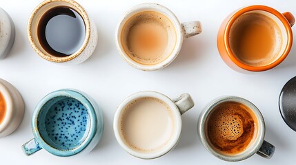 Variety of coffee cups arranged overhead on white background for beverages