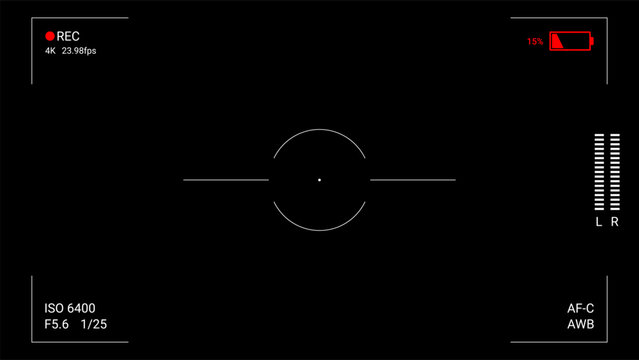 Camera recording interface with digital HUD layout, timecode, battery status, audio level meters, focus indicators and electronic level indicator. Clean technical vector overlay for video production, 