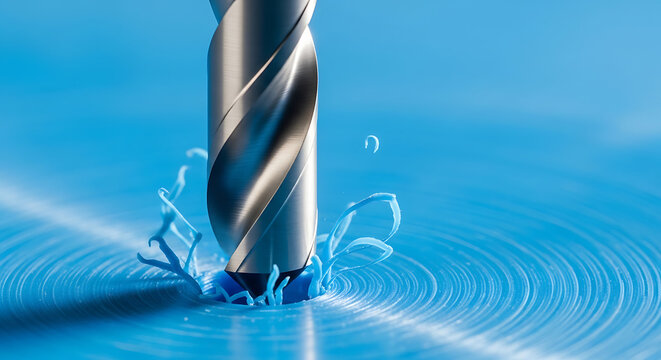 Macro View of Metal Drill Bit Drilling into Blue Plastic Material with Spiraling Shavings