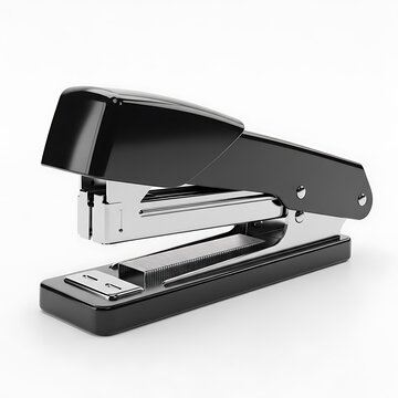 A black stapler with its staple tray open on a white background.