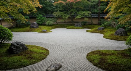 Fototapeta premium 日本の禅庭園の砂紋と岩、緑豊かな苔と紅葉の木々