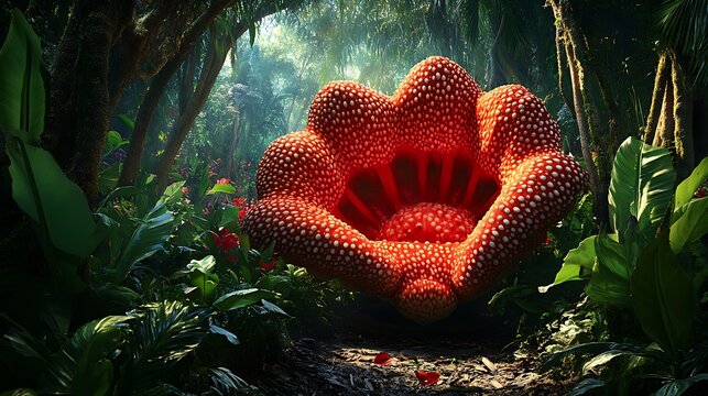 Rare titan arum flower blooms in lush tropical jungle environment with dense foliage and natural light