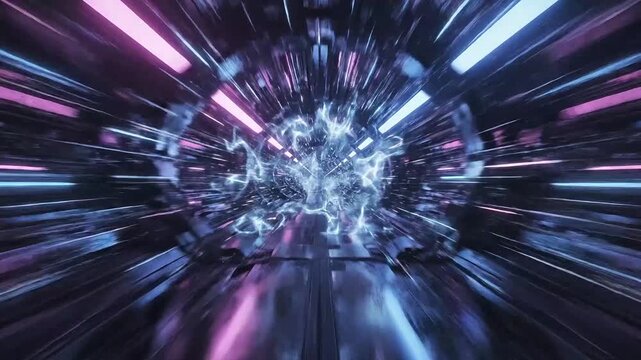 Vibrant neon tunnel with dynamic pink and blue lights accelerating forward