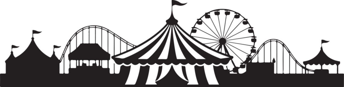 Black and white carnival silhouette with ferris wheel and roller coaster