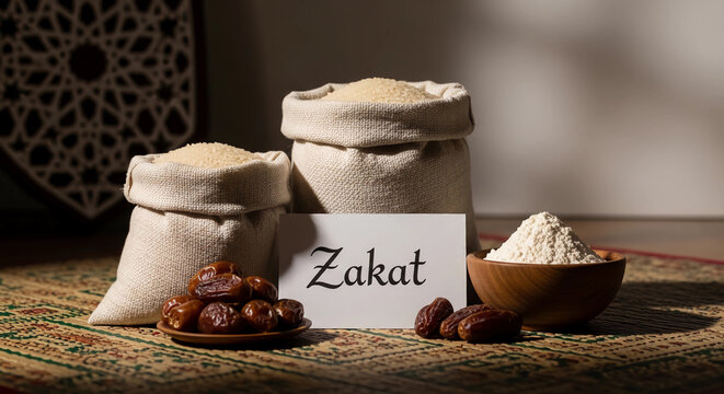 Zakat al-Fitr items with dates and rice on a patterned rug for Ramadan charity and community support.