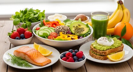 Colorful Healthy Superfood Bowl with Fresh Vegetables and Grains on Wooden Table