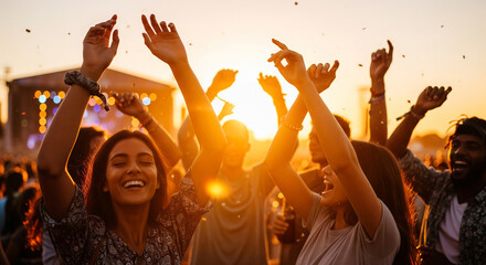 Obraz premium Group of excited friends cheering at outdoor music festival during sunset perfect for summer youth celebration