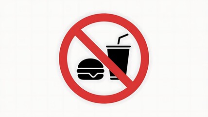 A red and white sign with a crossed-out illustration of a burger and a drink with a straw, indicating no food or drinks allowed © Md