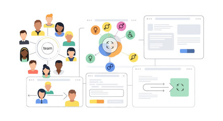 Fototapeta premium Empowering Diverse Teams: Digital Inclusion, HR Management, and Collaborative Workflows. Equity & Accessibility Concept Illustration.