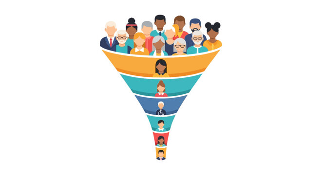 Sales and Marketing Funnel with Diverse People Icons - Lead Generation, Customer Journey, and Conversion Strategy