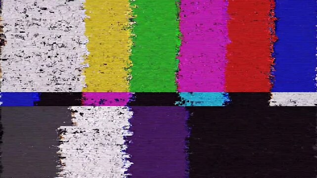 Abstract Glitch Art with Colorful TV Test Pattern and Digital Noise.