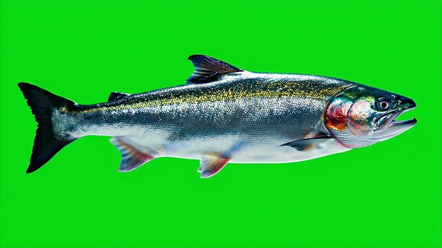 Realistic Salmon Full Body Hovering Idle Fin Flutter Isolated on Green Screen Chroma Key