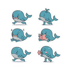 Cartoon whale set with different emotions and actions on white background © FarukStock