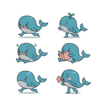 Cartoon whale set with different emotions and actions on white background