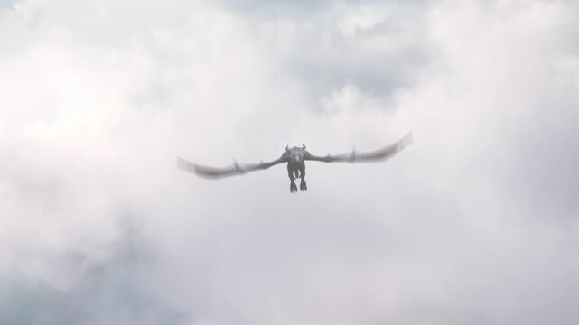Realistic Dragon flying in the clouds.