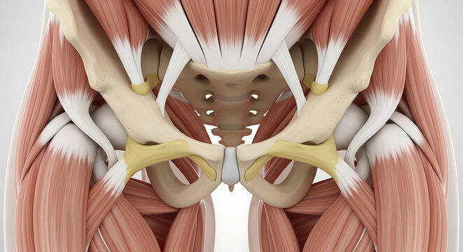 Anatomy of the Human Pelvis and Hip Joint Showing Muscles, Bones, and Ligaments, 3D Illustration