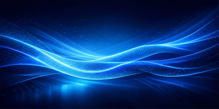 This abstract blue wave background features a 3d fractal design where glowing light lines and flowing energy curves create a motion texture pattern on a dark art backdrop