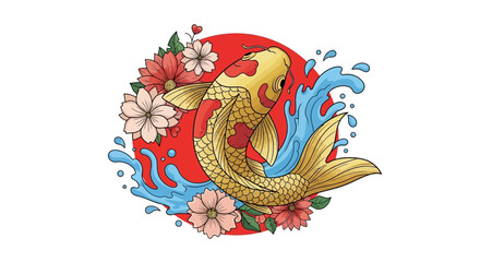 Fototapeta premium Golden Koi Fish with Cherry Blossoms and Red Sun Circle