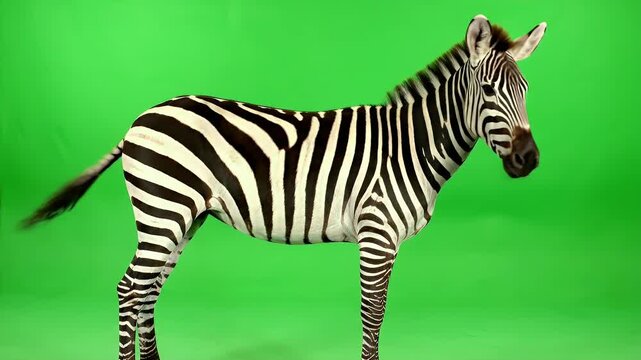 Realistic Zebra Full Body Standing Idle with Striking Black and White Contrast on a Vibrant Green Screen Background