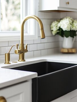 A sleek kitchen sink with a contemporary gold faucet and white hexagonal backsplash tiles. The counter is adorned with a charming floral arrangement in a glass vase.