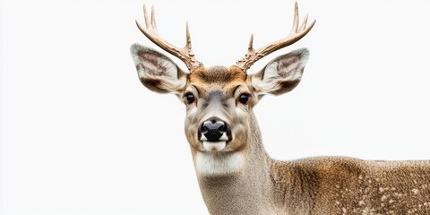 Fototapeta premium A young spotted deer in profile looking to the right, showing its antlers and spotted coat.